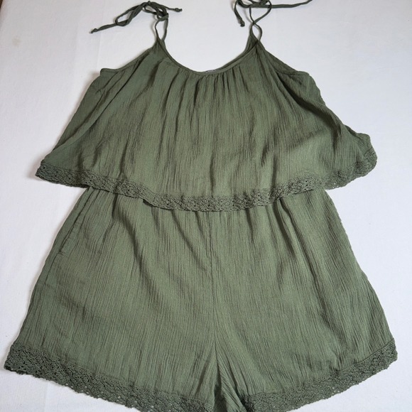 aerie Pants - Aerie Olive Green Popover Romper Crochet Lace Trim Tie Straps Medium